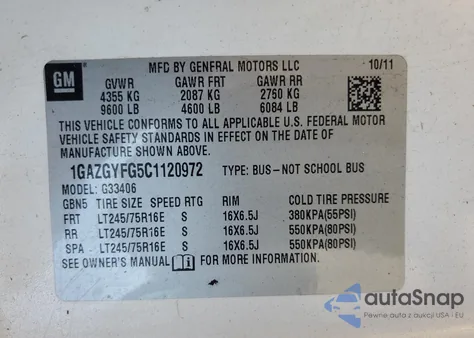 2012 Chevrolet Express G3500 Lt z USA, uszkodzony, nr VIN 1GAZGYFG5C1120972